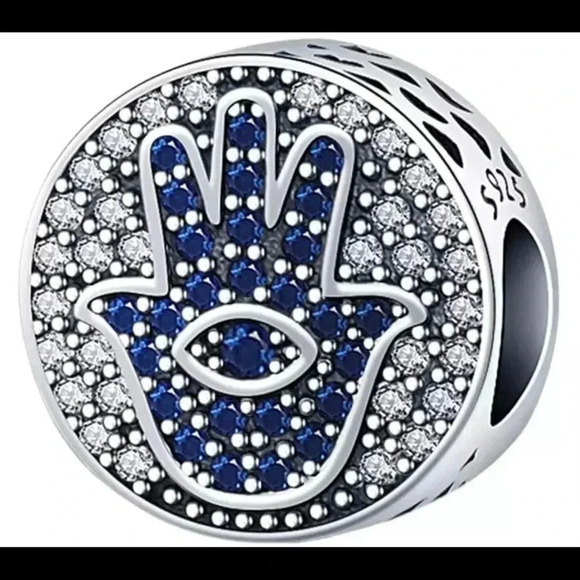 S925 Stamped Sterling Silver Hamsa Hand and Evil Eye Charm - Picture 1 of 6